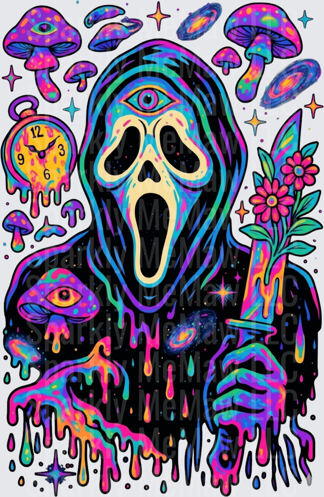 Psychedelic Scream Horror Movie Character with Trippy Mushrooms and Melting Colors DTF Transfer for Fabric