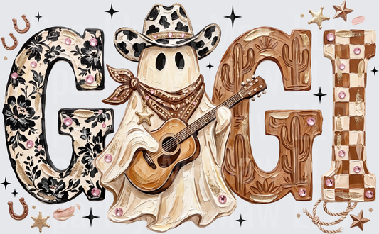 Gigi Cowboy Ghost Playing Guitar Western Boho Letters UV DTF Decal