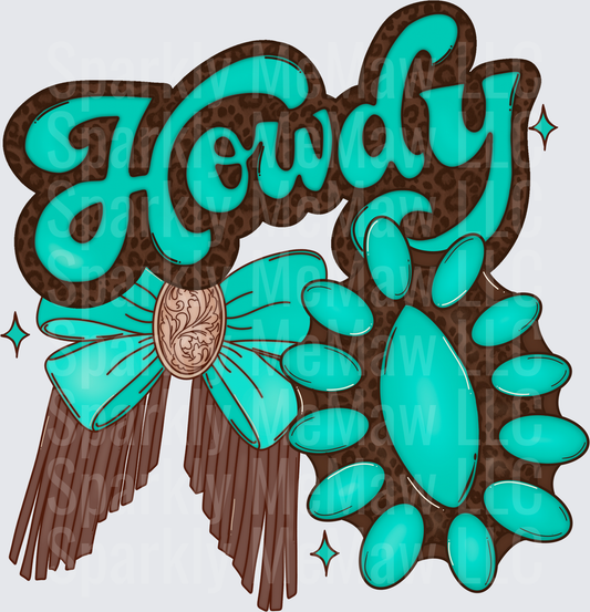 Howdy Turquoise Leopard Print Western Bow Fringe Cactus Sparkle DTF Transfer (fabrics)