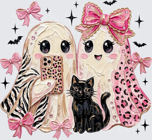 Trendy Halloween Ghost BFFs with Pink Bows Black Cat Selfie Zebra Leopard Print Coquette Style UV DTF Decal