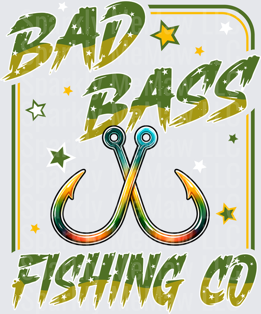 Bad Bass Fishing Co UV DTF Decal with Crossed Hooks and Stars