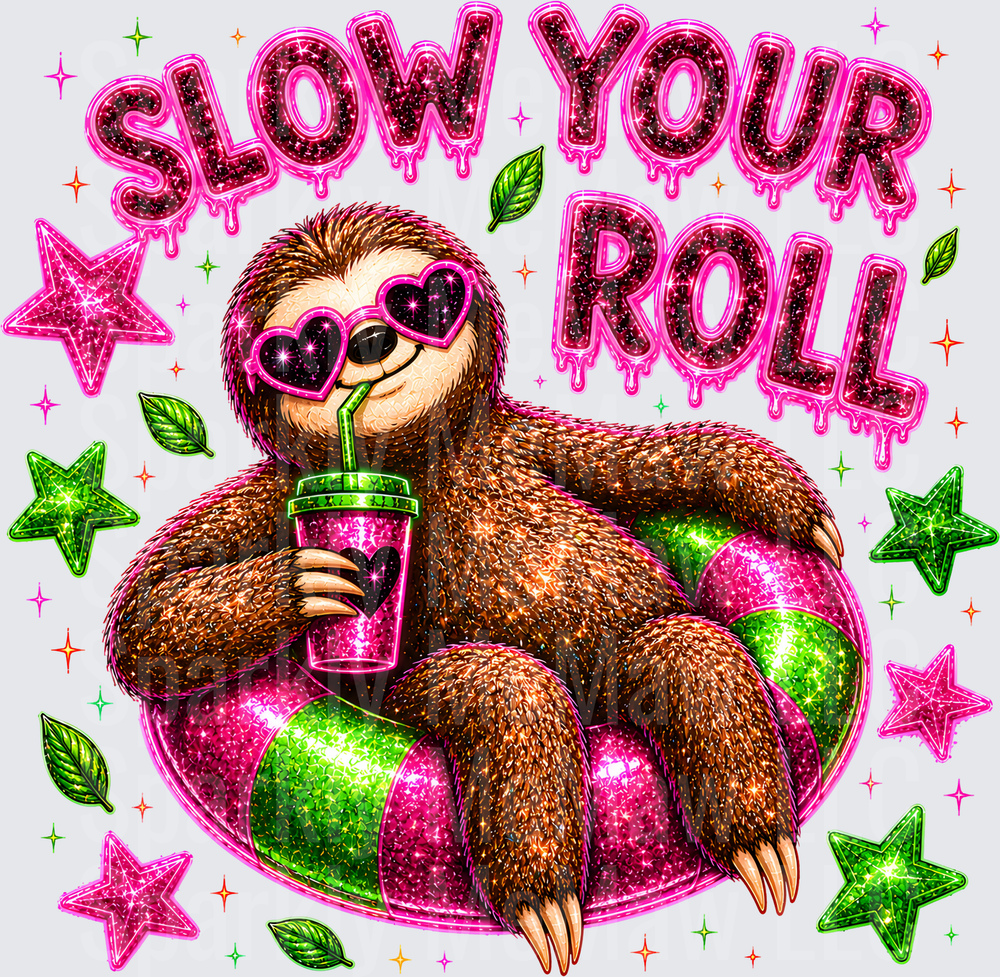 Slow Your Roll Sloth with Heart Sunglasses Sipping Drink on Pool Float UV DTF Decal