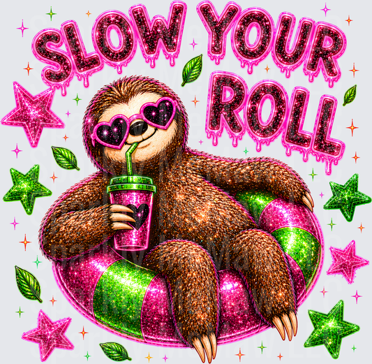 Slow Your Roll Sloth with Heart Sunglasses Sipping Drink on Pool Float UV DTF Decal