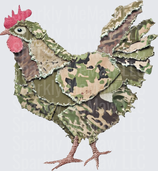 Camouflage Patchwork Chicken with Pink Comb and Wattles UV DTF Decal