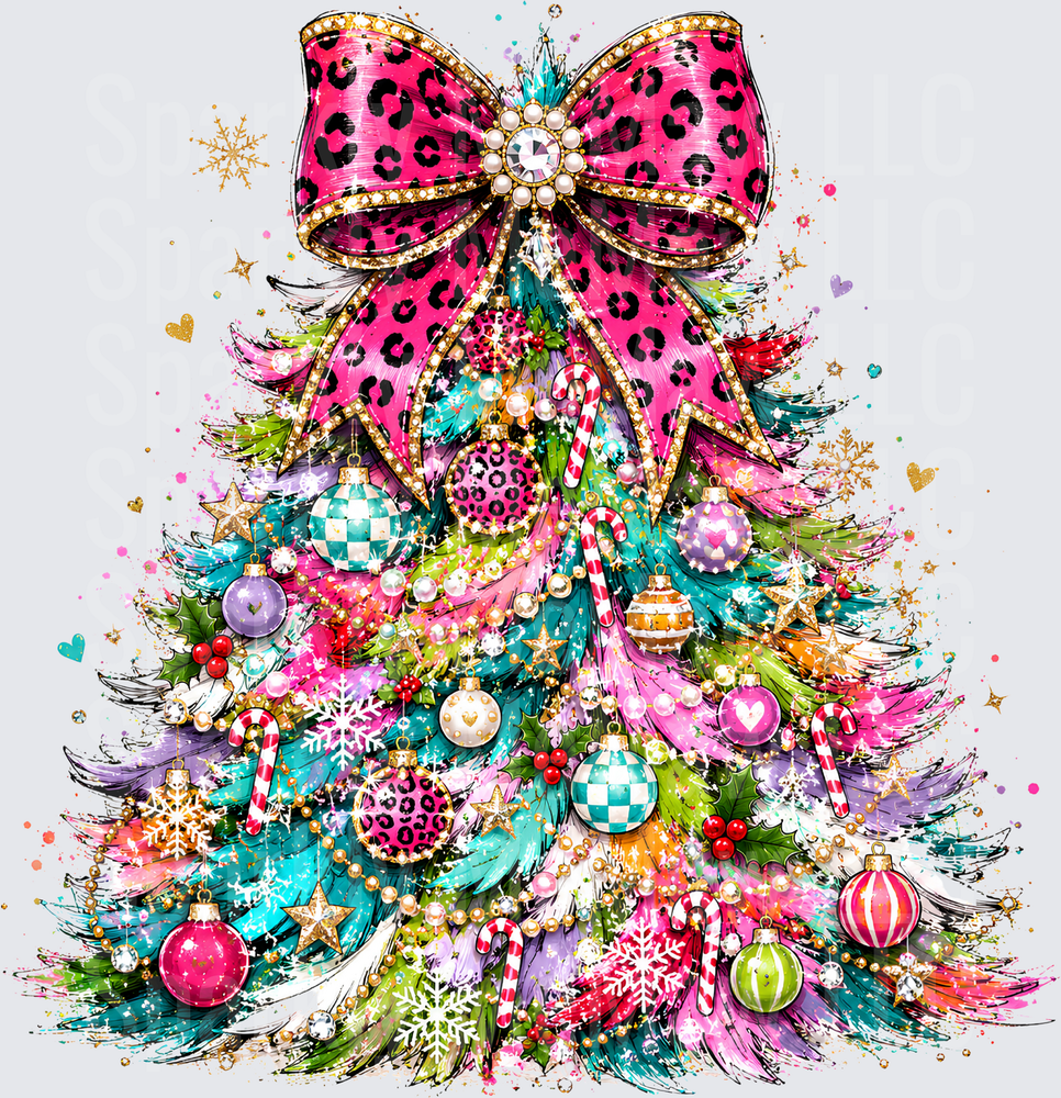 Colorful Glam Christmas Tree Pink Leopard Print Bow Ornaments Candy Canes Pearl Garland DTF Transfer for Fabrics