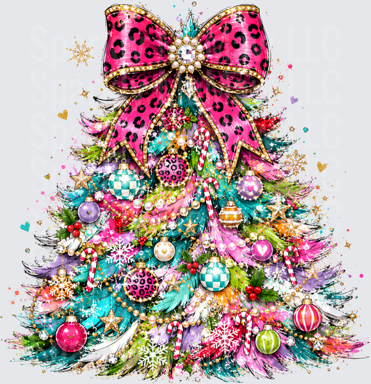 Colorful Glam Christmas Tree Pink Leopard Print Bow Ornaments Candy Canes Pearl Garland DTF Transfer for Fabrics