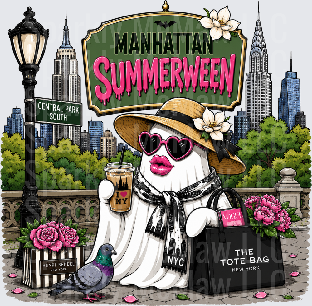 Manhattan Summerween Fashionable Ghost in Central Park with NYC Skyline DTF Transfer
