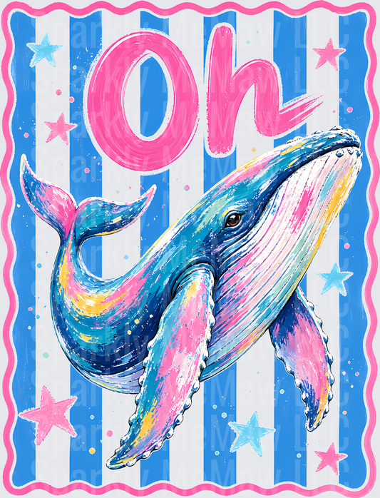 UV DTF Decal Colorful Whale with Oh Text Blue Stripes Pink Stars