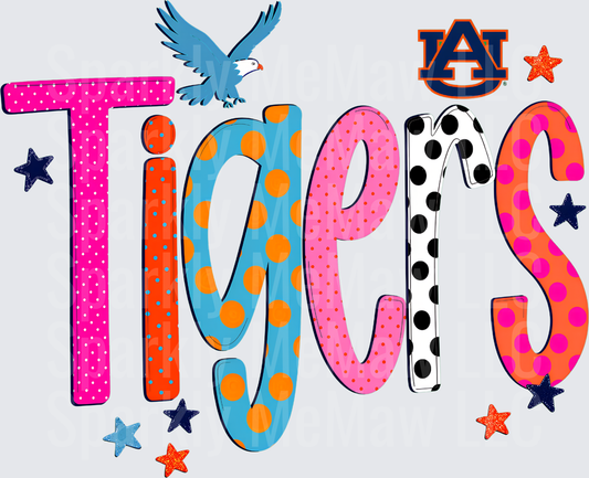 Auburn Tigers AU Logo Colorful Polka Dot Doodle Letters with Eagle and Stars DTF Transfer for Fabrics