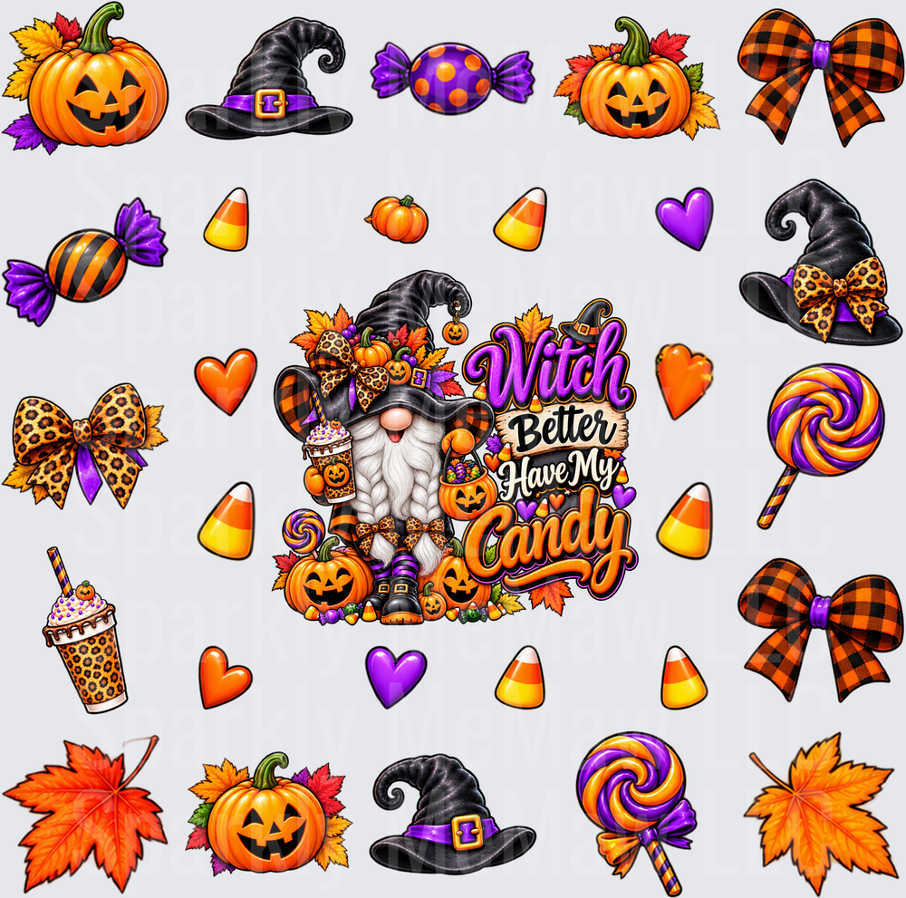 Halloween Gnome Witch Better Candy Gang Sheet – this is a 10x10 UV DTF Cut and stick sheet