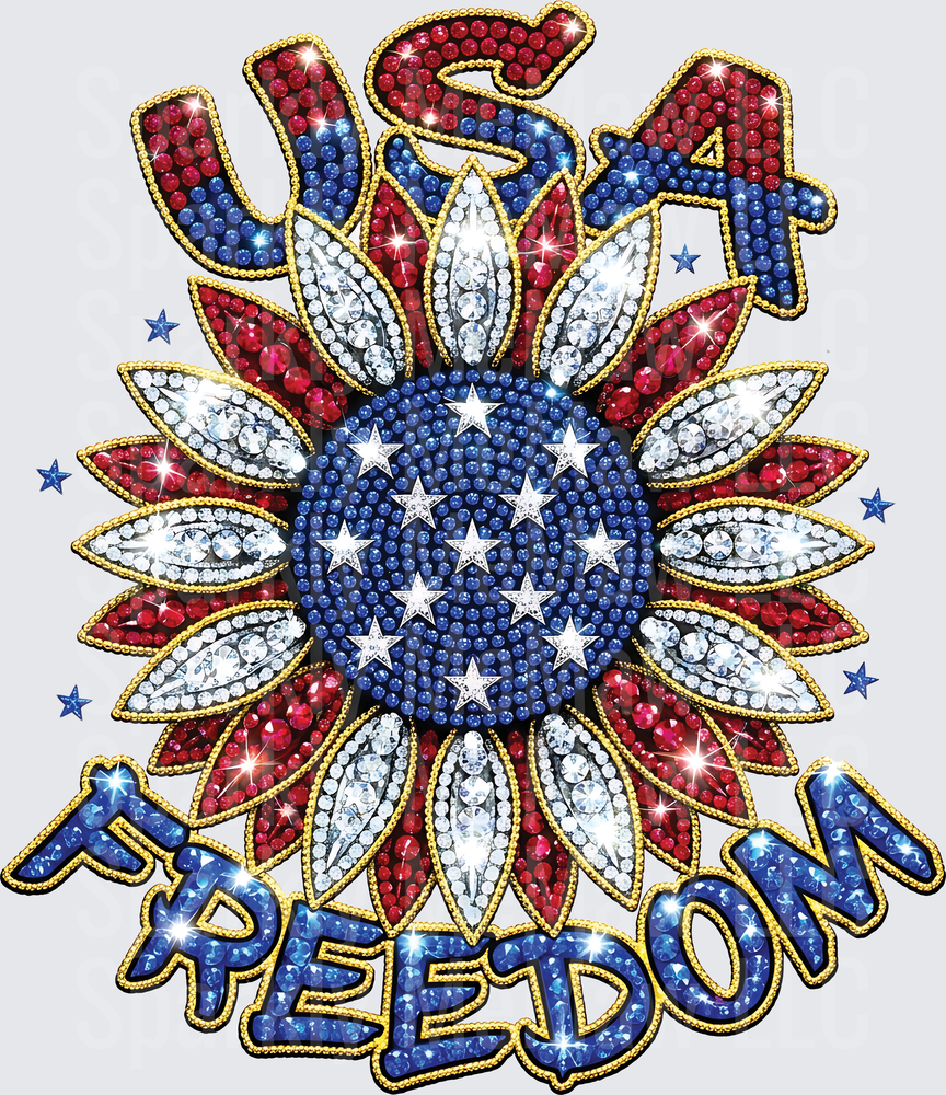 Patriotic USA Freedom Rhinestone Sunflower with Stars Design UV DTF Decal