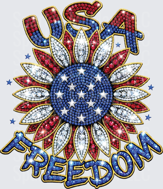 Patriotic USA Freedom Rhinestone Sunflower with Stars Design UV DTF Decal
