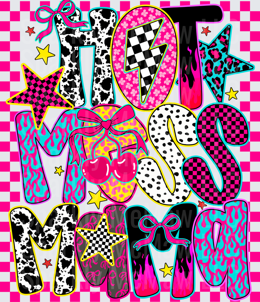 Hot Mess Mom UV DTF Decal with Cow Print Leopard and Checkerboard Letters