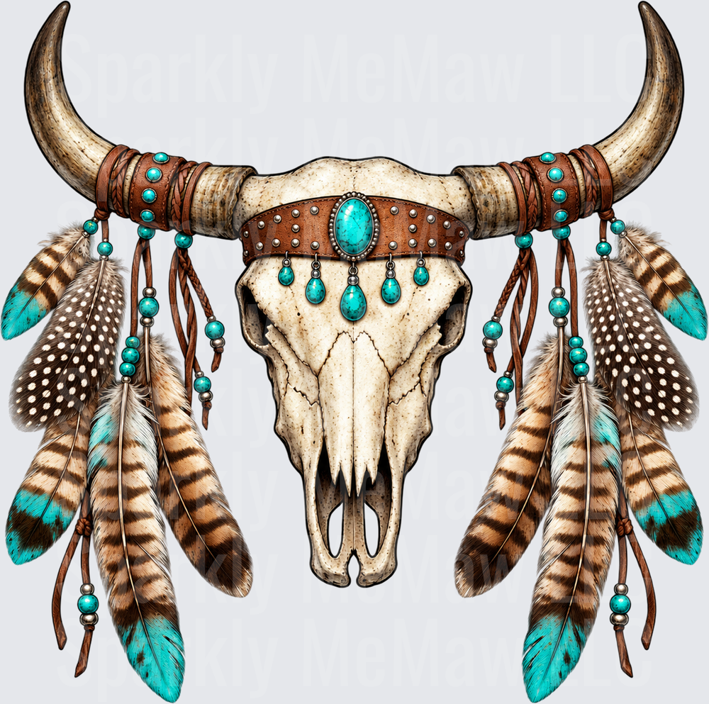 Boho Bull Skull Turquoise Feathers DTF Transfer for Fabrics