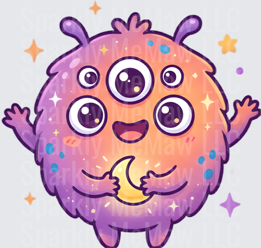 Cute Five-Eyed Purple Monster with Galaxy Pattern UV DTF Decal