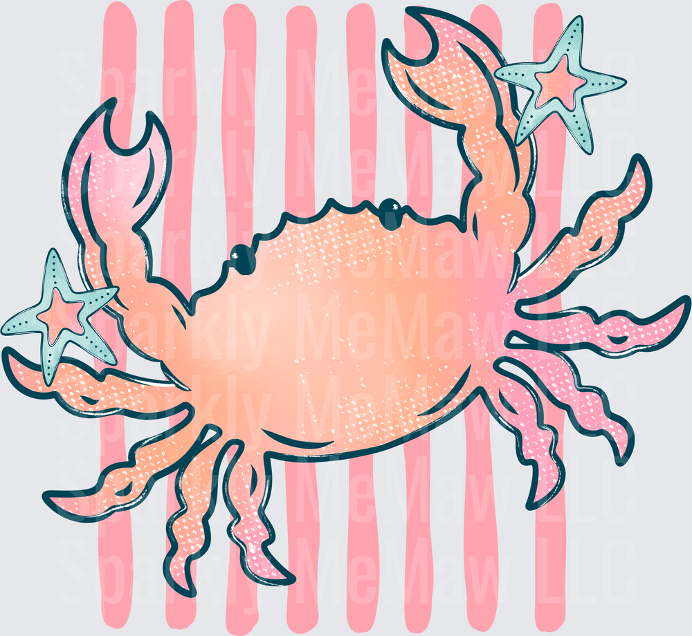 Pink Coral Crab with Starfish on Striped Background UV DTF Decal