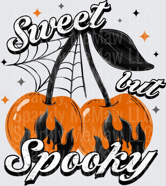 Sweet But Spooky Halloween Orange Cherries with Black Flames and Spiderweb DTF Transfer for Fabrics
