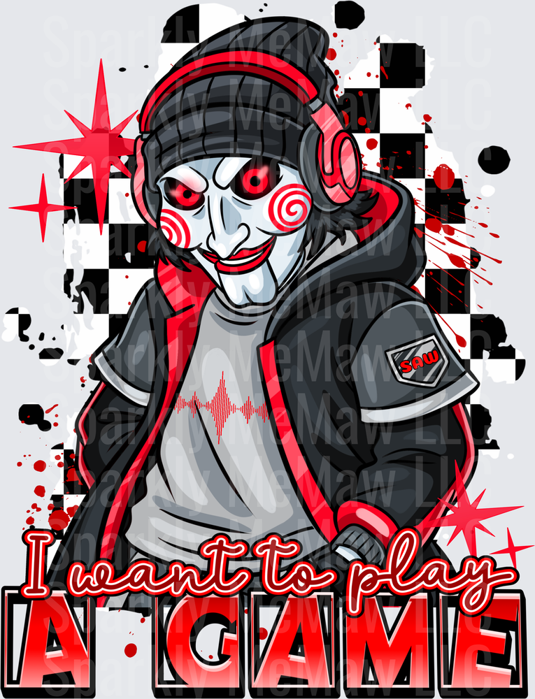 Billy the Puppet Jigsaw I Want to Play a Game Horror Movie Character DTF Transfer for Fabric