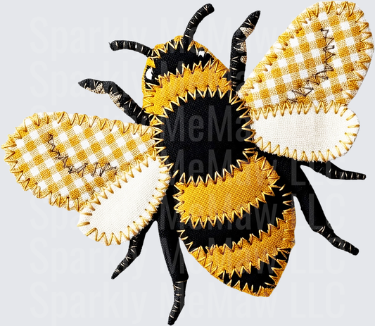 Patchwork Sunflower Bee with Blanket Stitch Embroidery UV DTF Decal