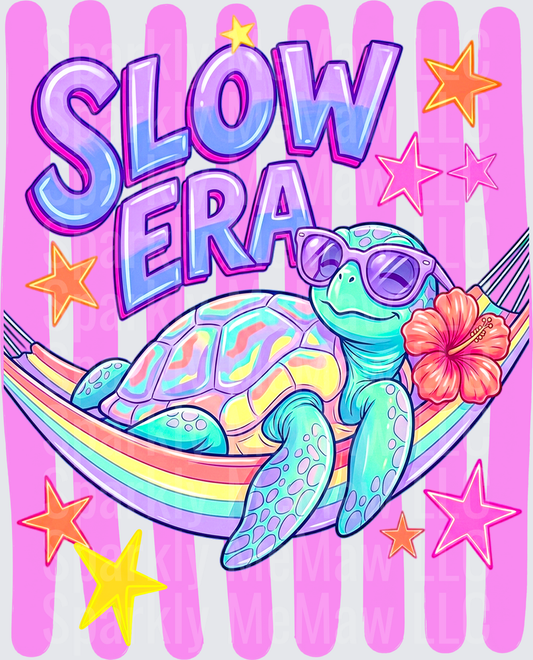 Slow Era Colorful Sea Turtle Relaxing in Rainbow Hammock with Sunglasses and Hibiscus Flower DTF Transfer for Fabrics
