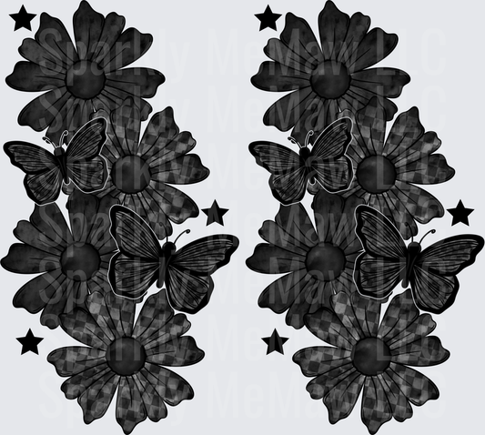 UV DTF Decal Black Daisy Floral Bouquet with Butterflies and Stars Mirrored Pair Design