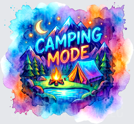 Camping Mode Watercolor Mountain Scene with Tent Campfire and Starry Night Sky UV DTF Decal