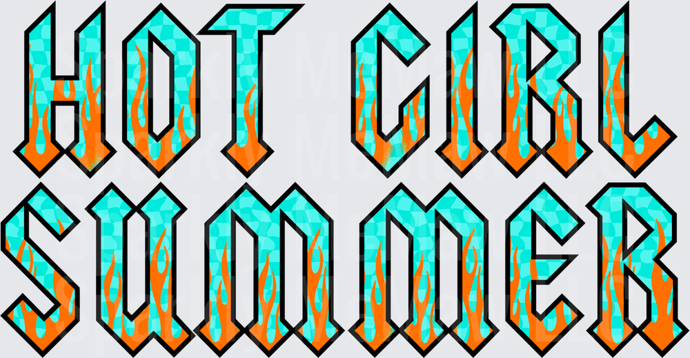 Hot Girl Summer UV DTF Decal with Turquoise and Orange Flame Letters