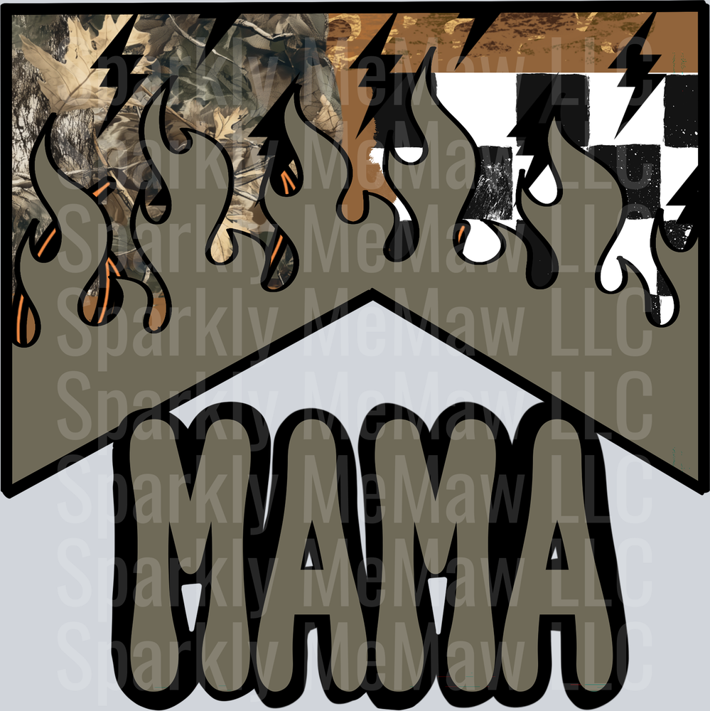 MAMA Bear Dripping Letters with Lightning Bolts and Camo Background UV DTF Decal