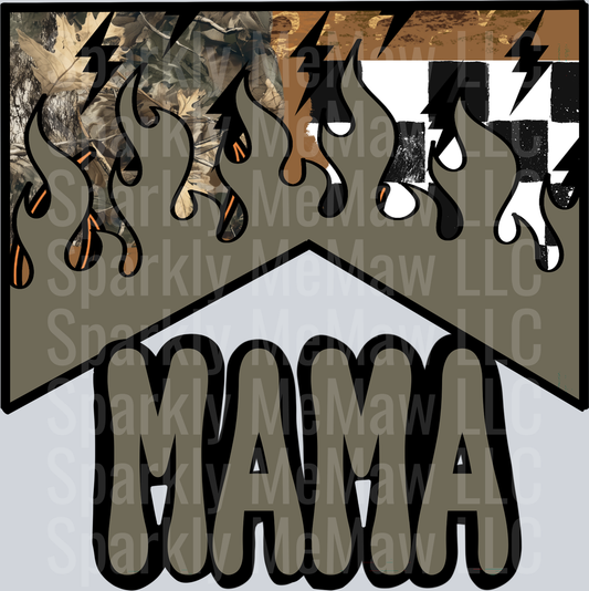 MAMA Bear Dripping Letters with Lightning Bolts and Camo Background UV DTF Decal