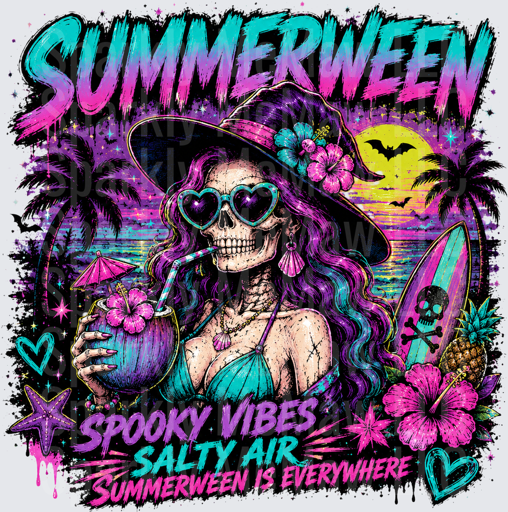 Summerween Spooky Vibes Salty Air Skeleton Girl with Heart Sunglasses Tropical Beach Halloween UV DTF Decal