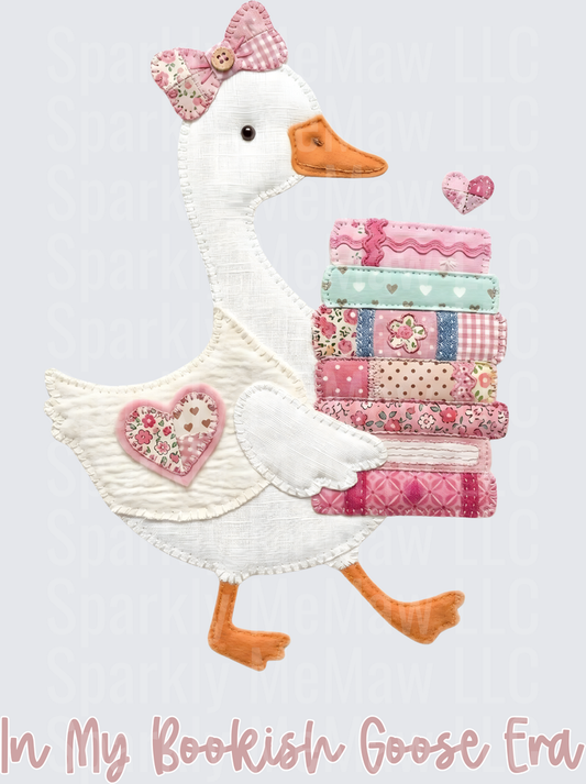 Patchwork Quilted Goose Carrying Stack of Books with Pink Bow and Floral Heart UV DTF Decal