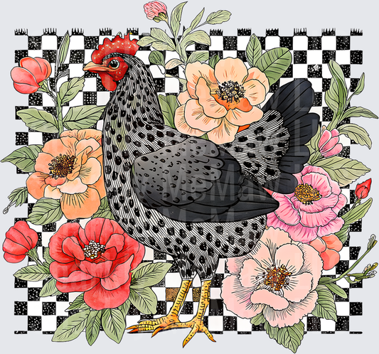 Black Rooster with Colorful Flowers on Checkered Background UV DTF Decal