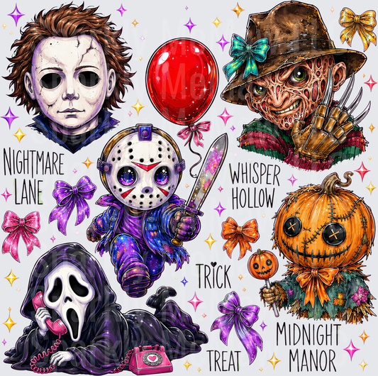 Nightmare Lane Whisper Hollow Midnight Manor Horror Icons Michael Myers Freddy Krueger Jason Voorhees Ghostface Halloween Trick or Treat Bow Collage 10x10 inch uv dtf Element Sheet