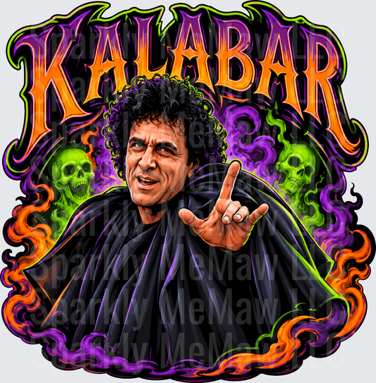 Kalabar Hocus Pocus Villain Curly Hair Black Cape Rock Hand Skulls Purple Green Flames Horror DTF Transfer (fabrics)