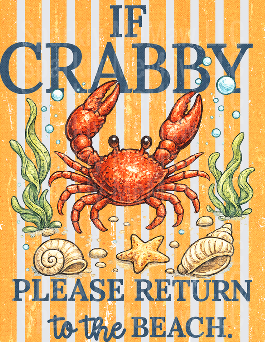 If Crabby Please Return To The Beach Red Crab Seashells Starfish Ocean Vintage Stripe DTF Transfer for fabrics