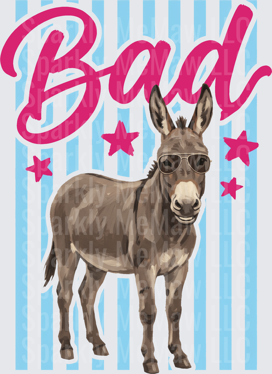 Bad Ass Donkey with Sunglasses on Blue Striped Background DTF Transfer for Fabric
