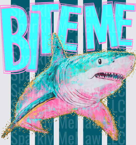 Bite Me Colorful Shark with Glitter Paint Splash Effect UV DTF Decal