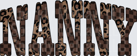 NANNY Text with Brown Leopard Print and Checkered Pattern UV DTF Decal