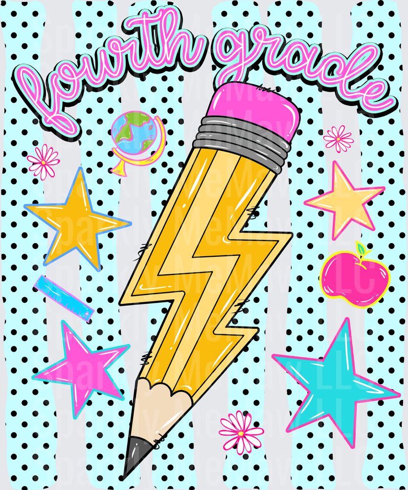 Fourth Grade Lightning Bolt Pencil with Stars and School Icons DTF Transfer for Fabric