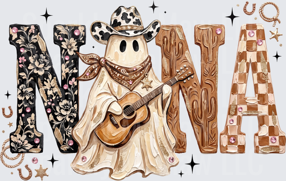 Nana Western Cowboy Ghost Playing Guitar with Cow Print Hat Sheriff Badge Boho Floral Checkered Letters DTF Fabric Transfer