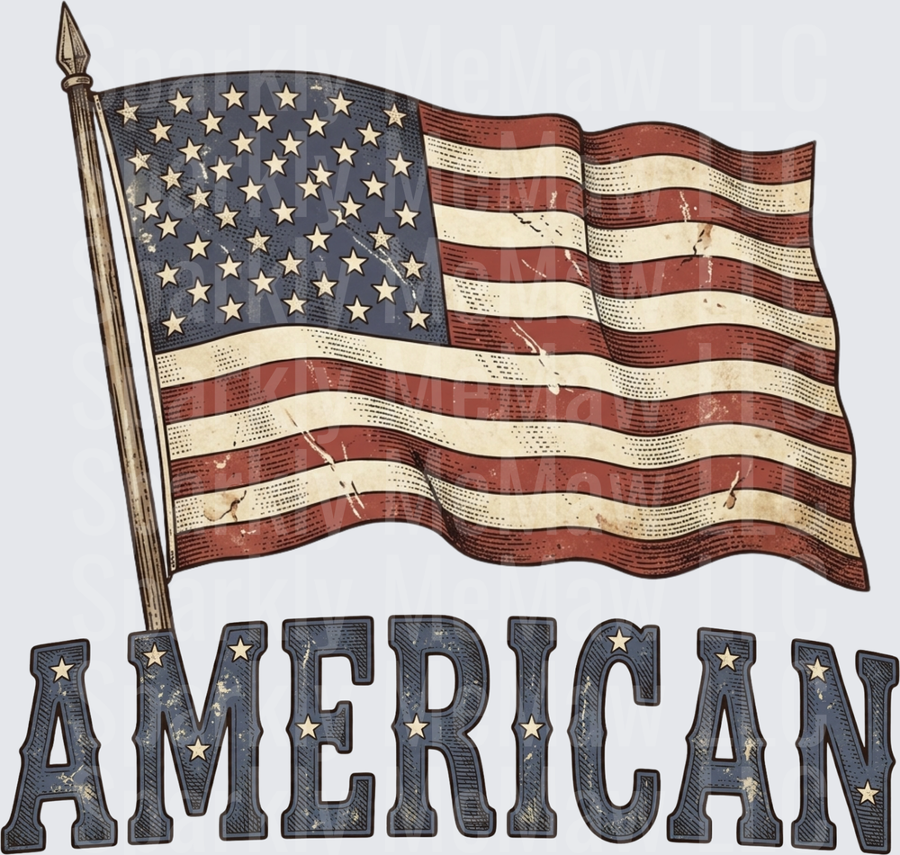 Vintage American Flag with Bold AMERICAN Text DTF Transfer for Fabric
