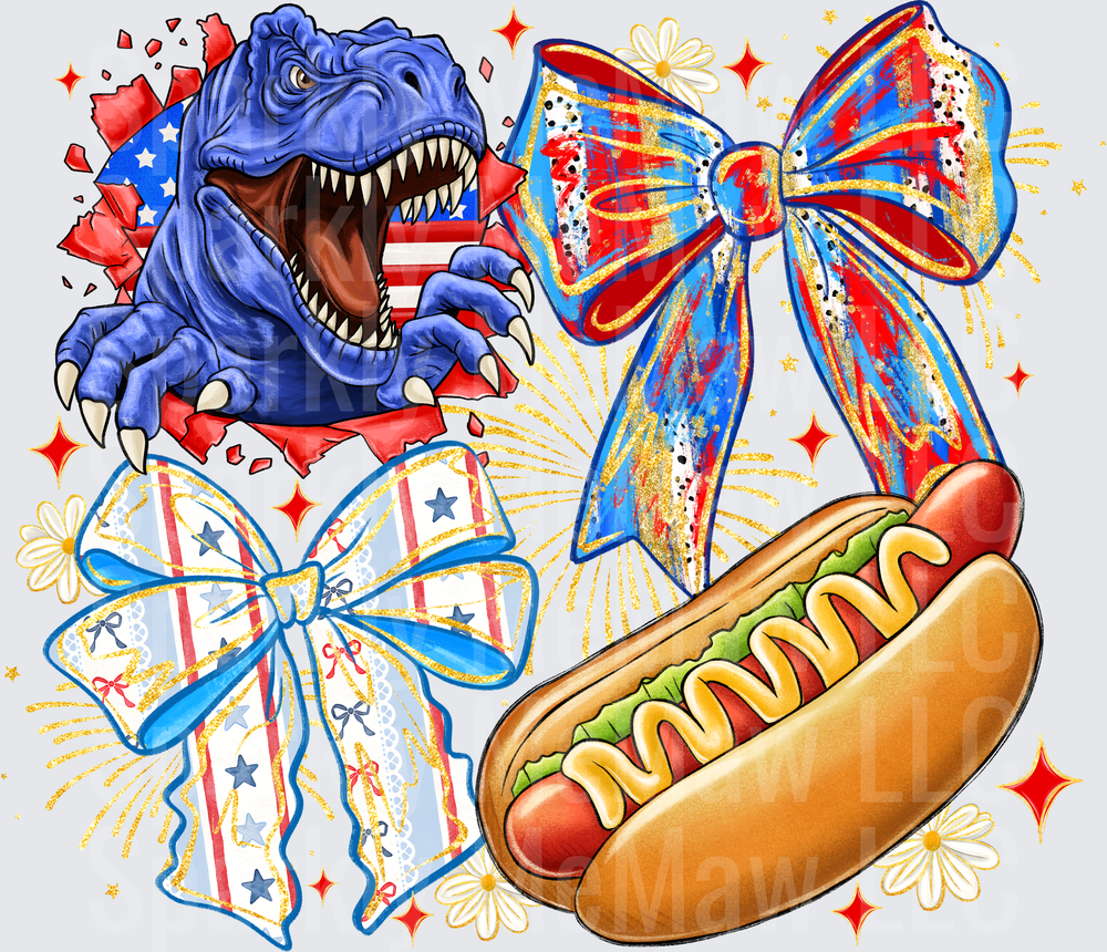 Patriotic 4th of July T-Rex Dinosaur with Red White and Blue Coquette Bows and Hot Dog Fireworks Celebration UV DTF Decal