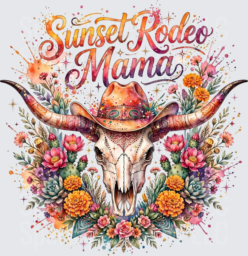 Sunset Rodeo Mama Bull Skull UV DTF Decal