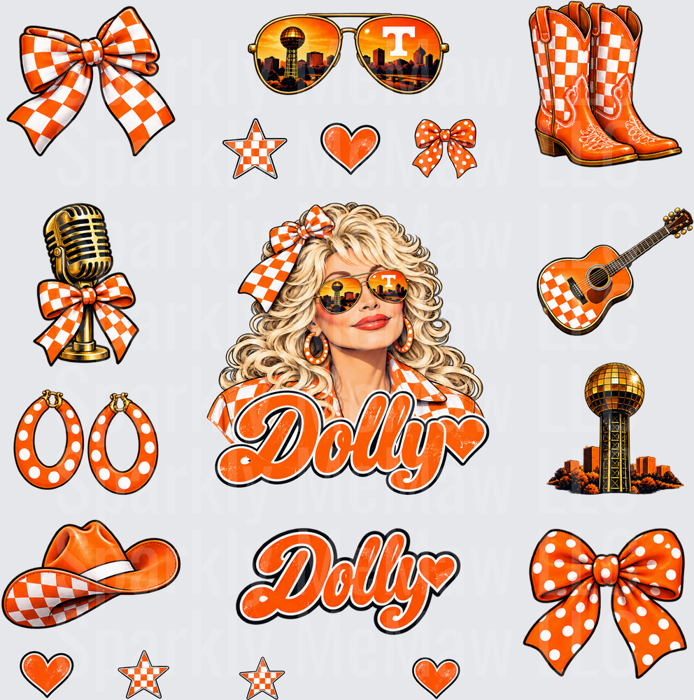 Dolly Parton Tennessee Orange Gang Sheet this is a 10 inch cut and stick UV Decal Sheet