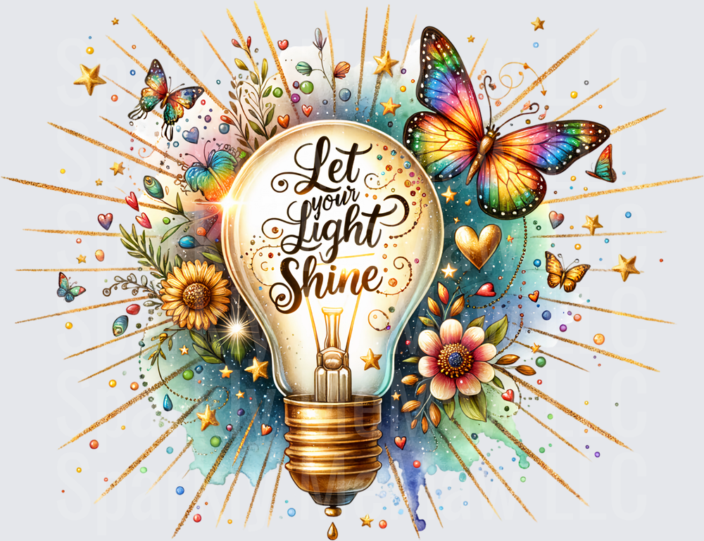 Let Your Light Shine Inspirational Light Bulb with Rainbow Butterflies and Floral Elements UV DTF Decal