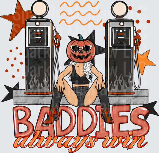 Halloween Pumpkin Head Witch Babe Sitting Between Vintage Gas Pumps Baddies Always Win DTF Transfer for fabrics