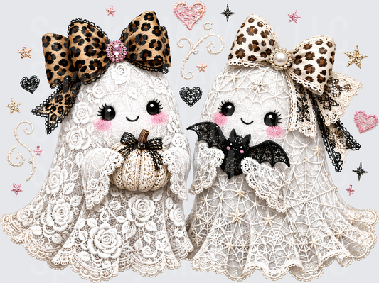 Cute Lace Ghost Besties with Leopard Print Bows Holding Pumpkin and Bat Halloween DTF Transfer for Fabrics