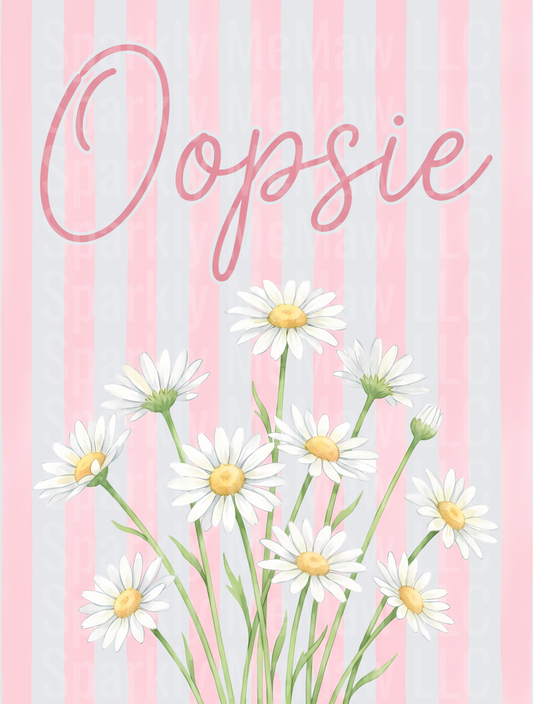 Oopsie Script with White Daisies on Pink Stripes UV DTF Decal