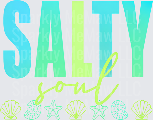 Salty Soul Ocean Gradient Typography with Seashells and Starfish DTF Transfer for fabrics
