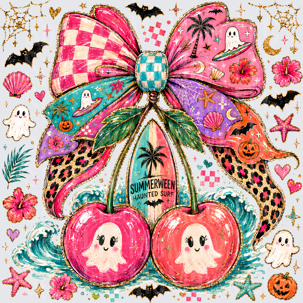 Summerween Haunted Surf Ghost Cherry Coquette Bow Halloween Beach UV DTF Decal